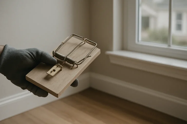 Main gantée tenant un piège à rats dans une maison avec lumière neutre