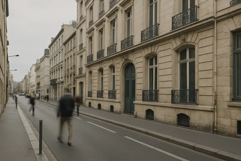 Façade d'un immeuble ancien dans une rue urbaine avec passants flous