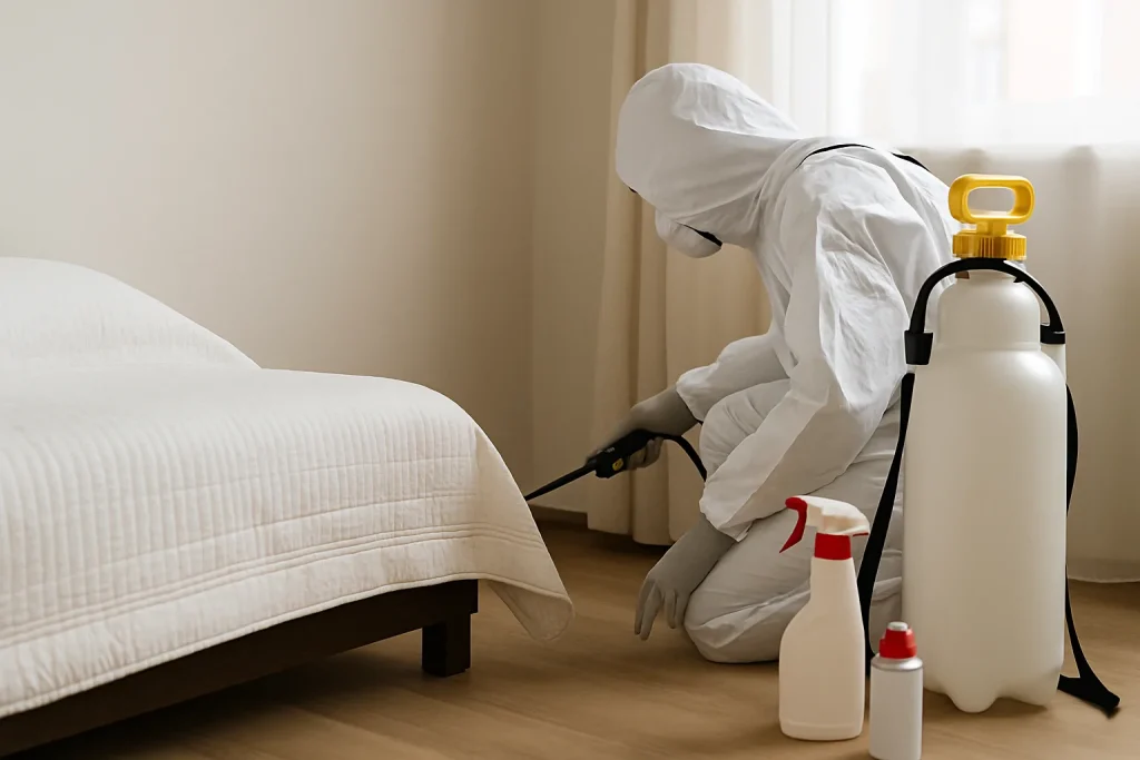 Outils et produits utilisés pour traiter les punaises de lit après un décès.