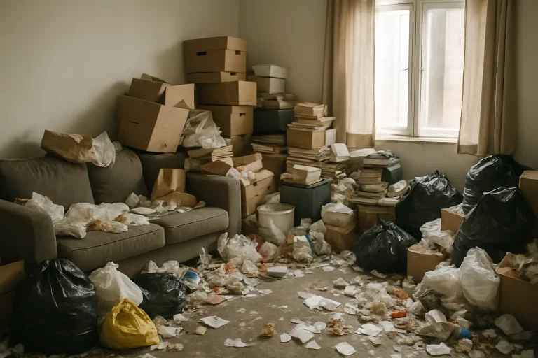 Appartement encombré avec piles d'objets et déchets, lumière douce.