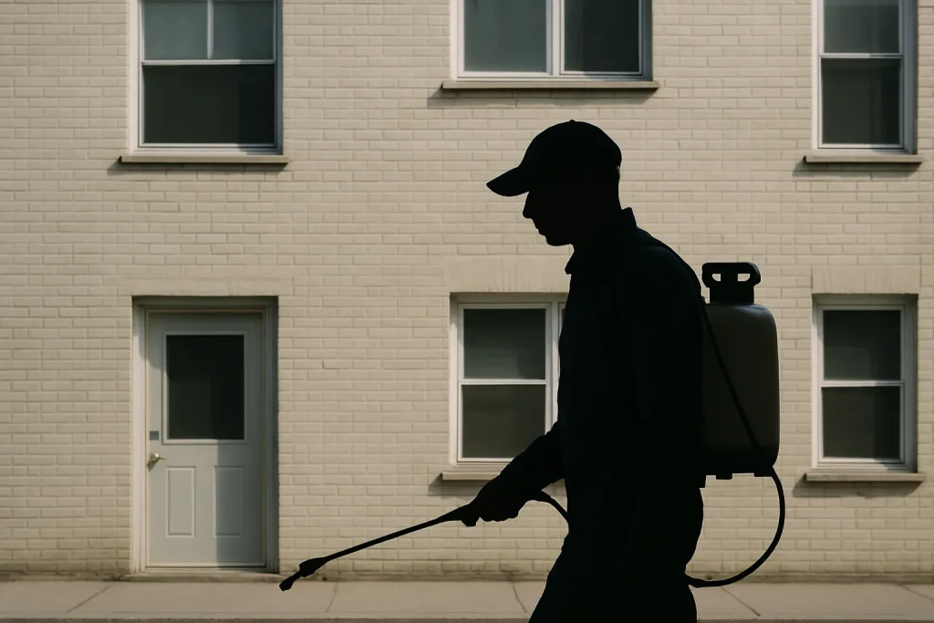 Technicien en équipement devant une façade d'immeuble pour dératisation.