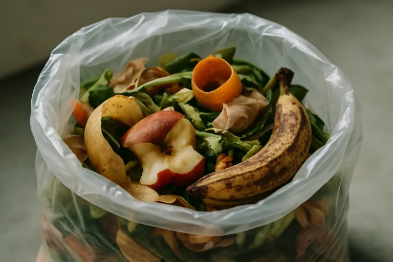 Gros plan sur un sac poubelle rempli de déchets alimentaires avec épluchures visibles