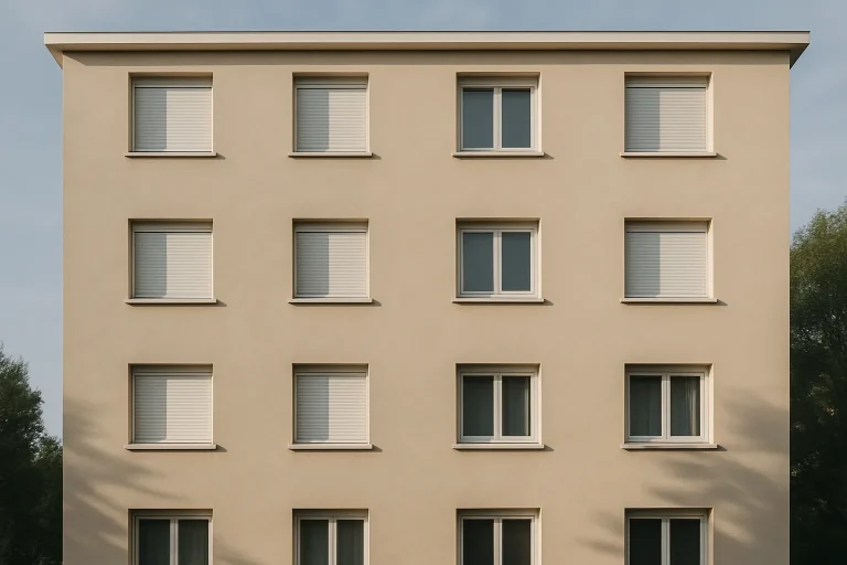 Immeuble résidentiel ensoleillé, fenêtres fermées, vue extérieure.