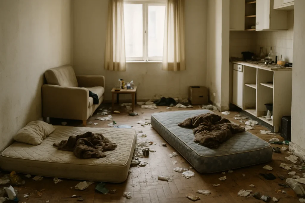 Intérieur d'un appartement squatté avec des matelas et détritus, lumière douce